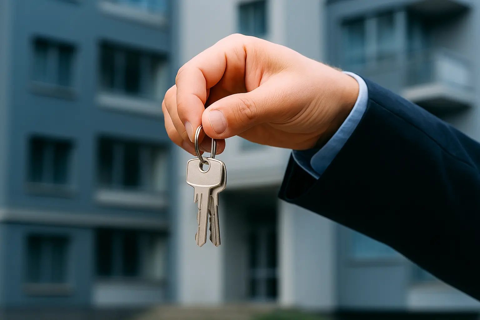 Mana care tine chei in fata unor cladiri moderne - simbol al experientei si increderii in administrarea imobilelor