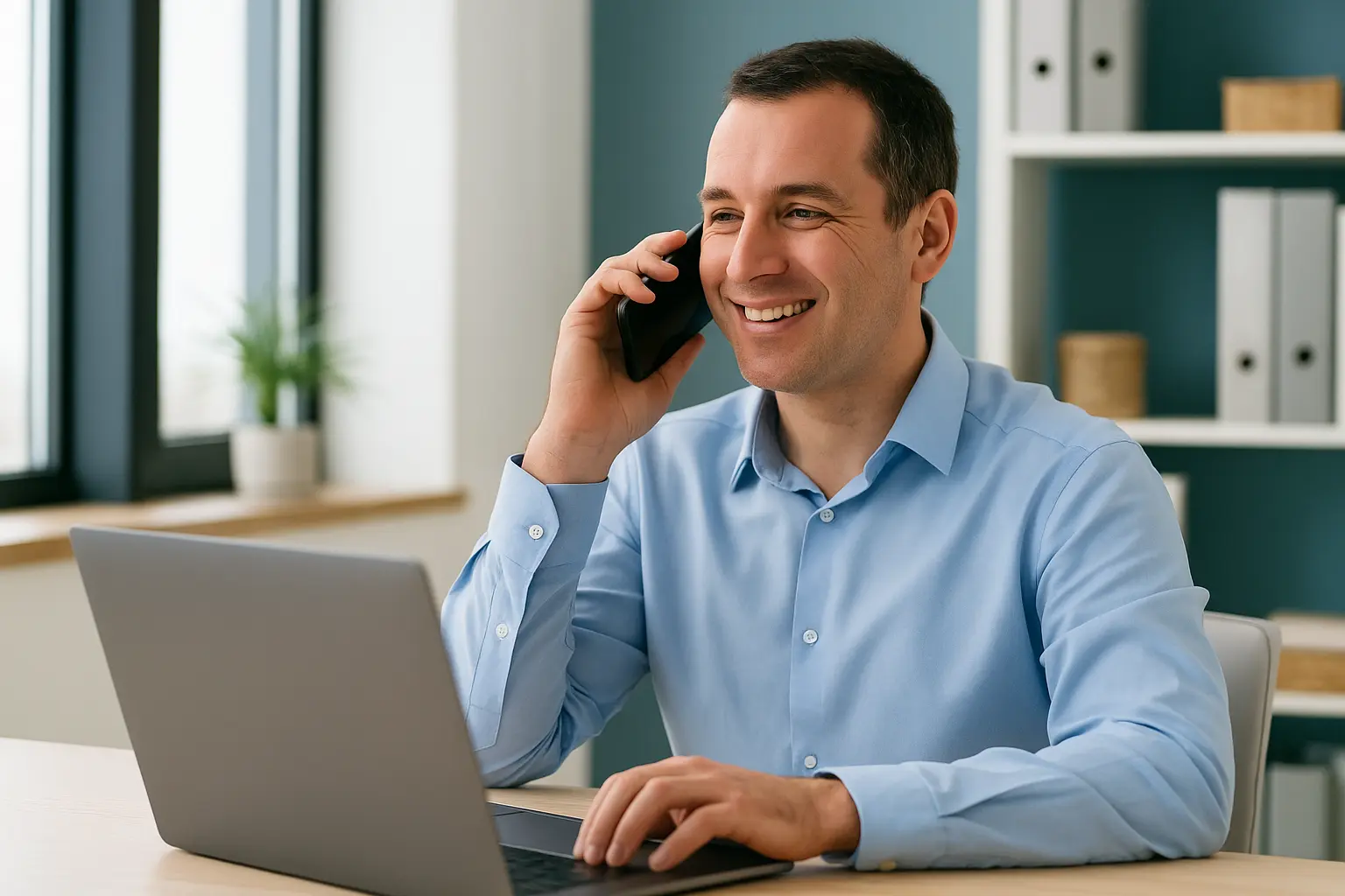 Barbat care raspunde la telefon intr un birou modern - imagine ce sugereaza promptitudine si raspuns rapid